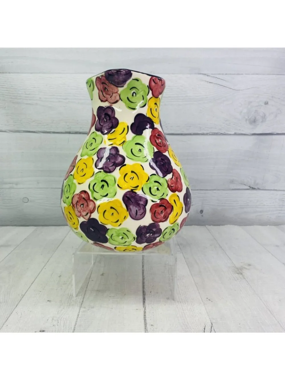 Pier 1 One MULTICOLORED FLORAL Black Trim Hand Painted Ceramic 80oz Pitcher